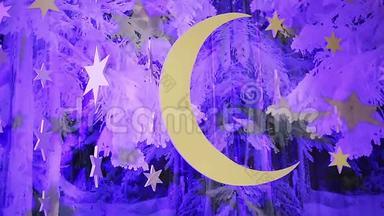 美妙的冬季夜空装饰月亮和星星，摇篮曲背景